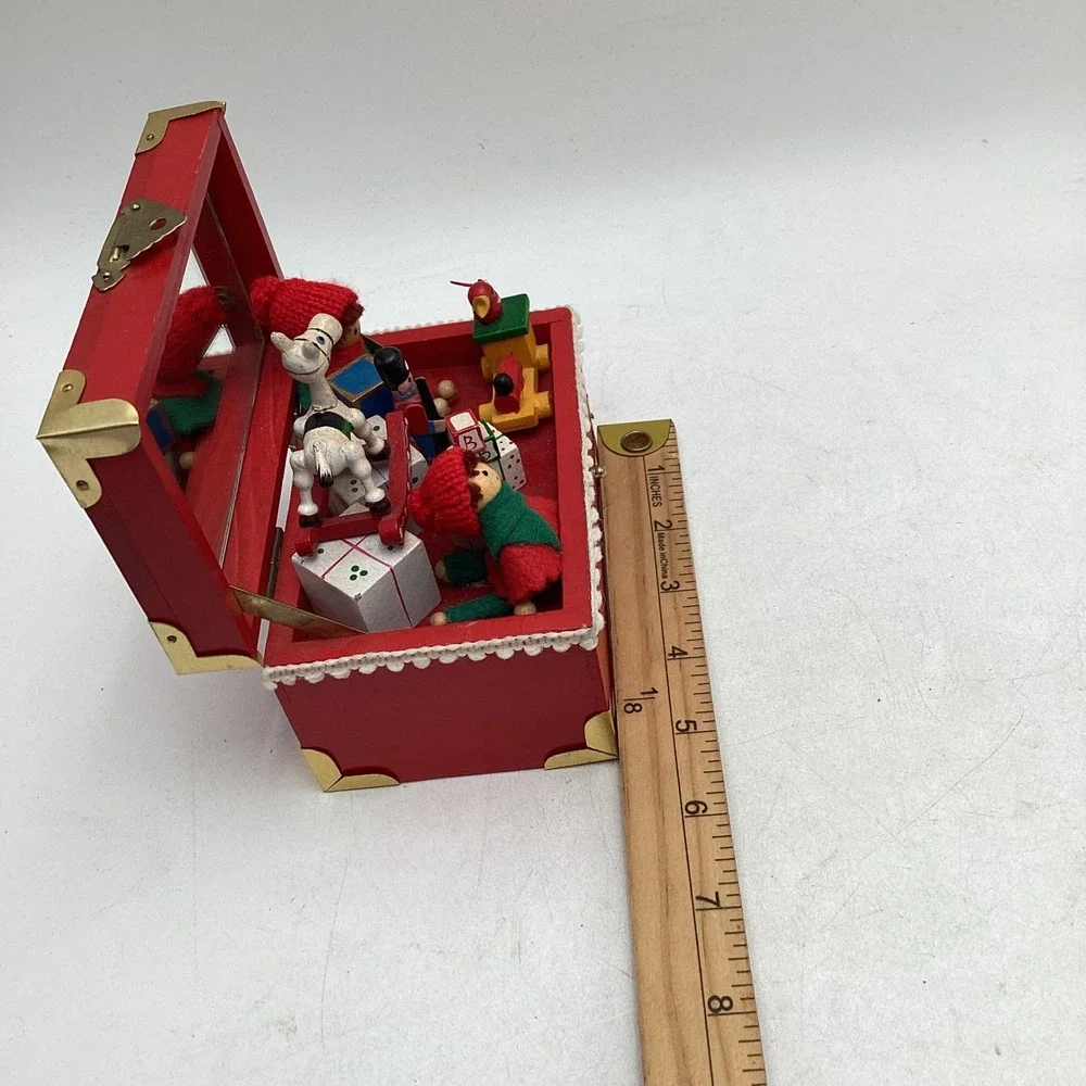 Vintage Christmas Toy Shop Musical Jewelry Box Red Wood Trunk Rocking Horse